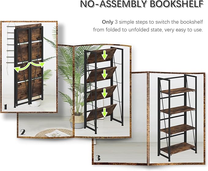 4NM No Assembly Folding Bookshelf Storage Shelves 4 Tiers Vintage Bookcase - Image 9