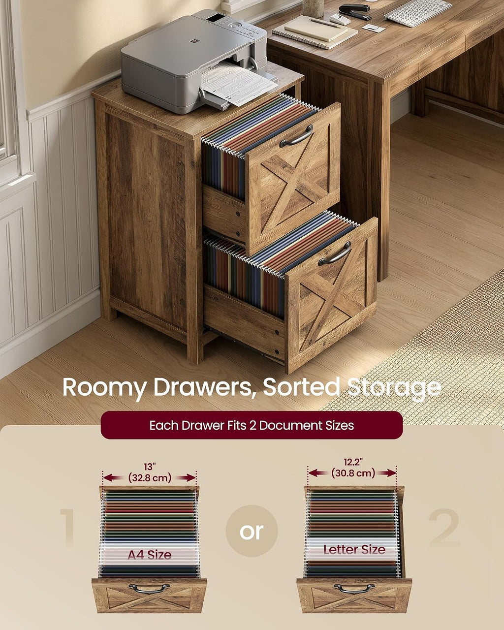 vasagle file cabinet, 2-drawer filing cabinet for home showing dimensions