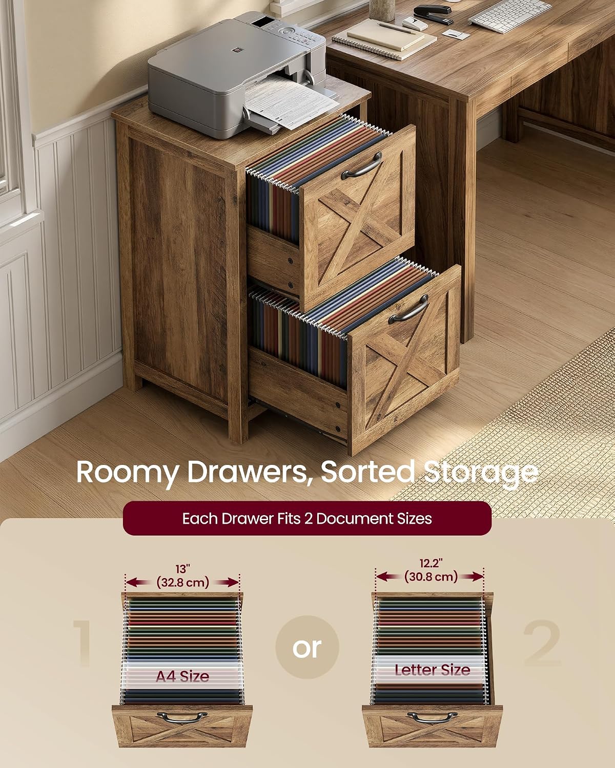 vasagle file cabinet, 2-drawer filing cabinet for home showing dimensions