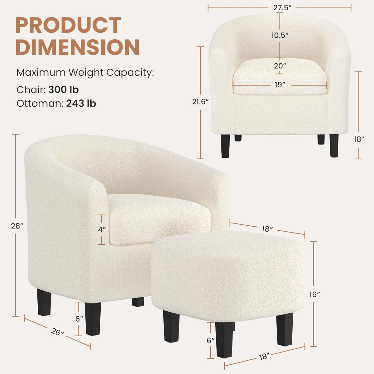 Yaheetech Accent Chairs with Ottoman Set of 2, Boucle Fabric, Ivory
