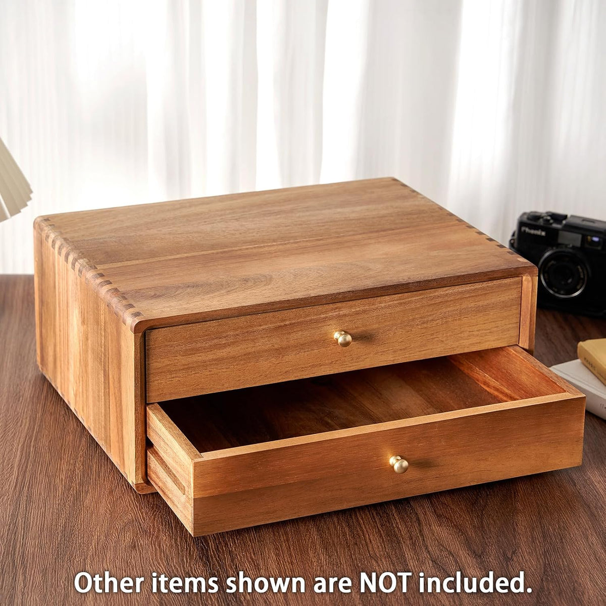 Acacia Wood Desk Organizer with 2 Drawers, Fully Assembled Dovetail Joint Des...