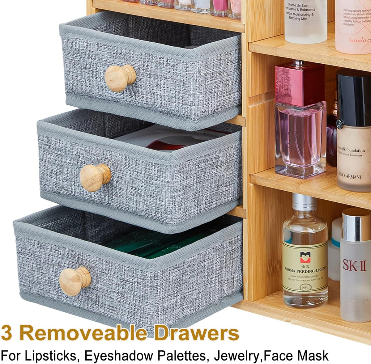 Large Makeup Organizer For Vanity, Large Capacity 3 Tiers Bamboo Bathroom Cou...