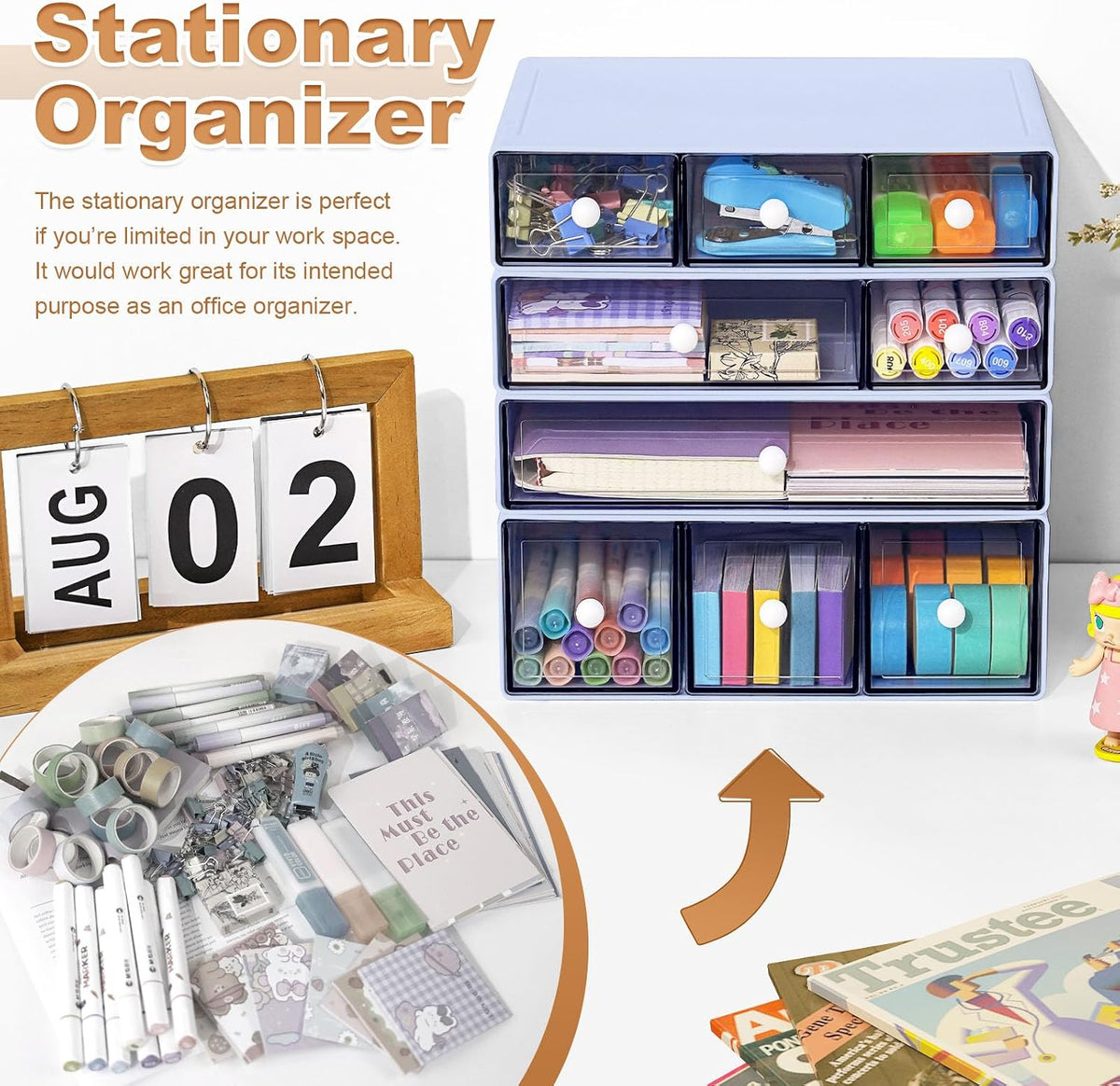 desk organizer with 9 drawers, 4 tier plastic showing dimensions