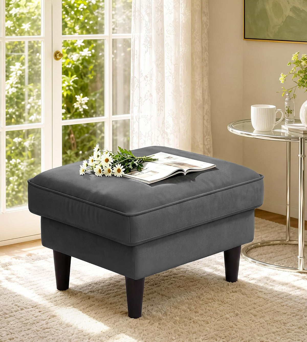 Welzona Velvet Ottoman, 25" Comfy Square Foot Stool for Sofa Couch, Grey