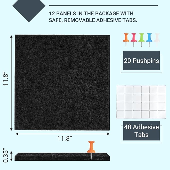 AKTOP Black Cork Bulletin Board 47"x35", 12 Pack Removable Felt Cork Board Tiles - Image 3
