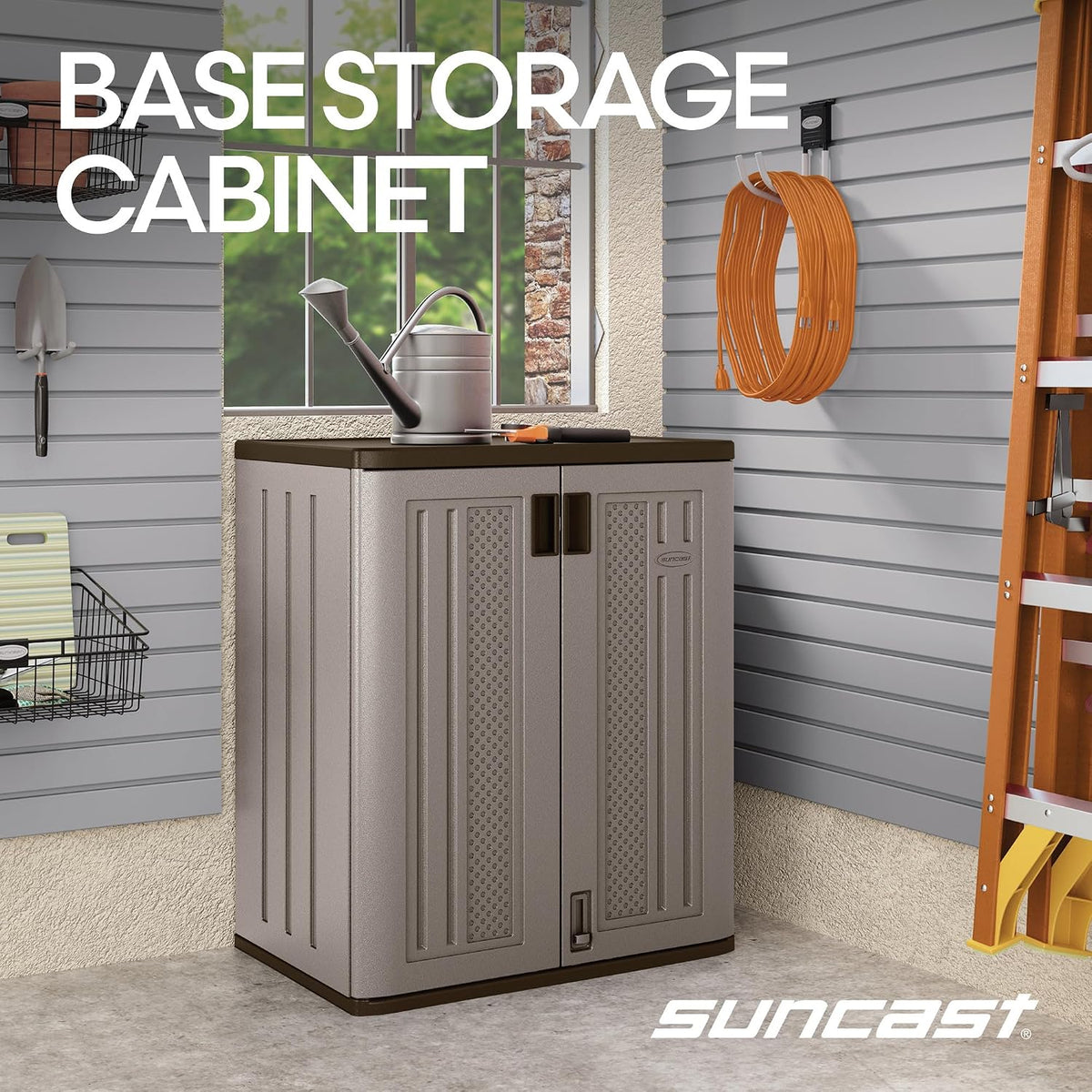 suncast 9 cu ft base storage cabinet, lockable, close-up detail