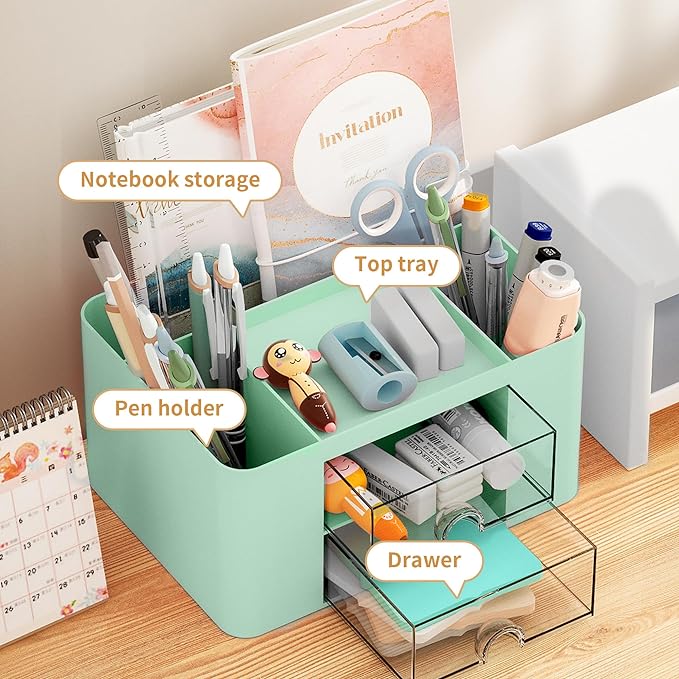 Marbrasse Pen Organizer with 2 Drawer, Desk Organizers and Accessories with 5 - Image 3