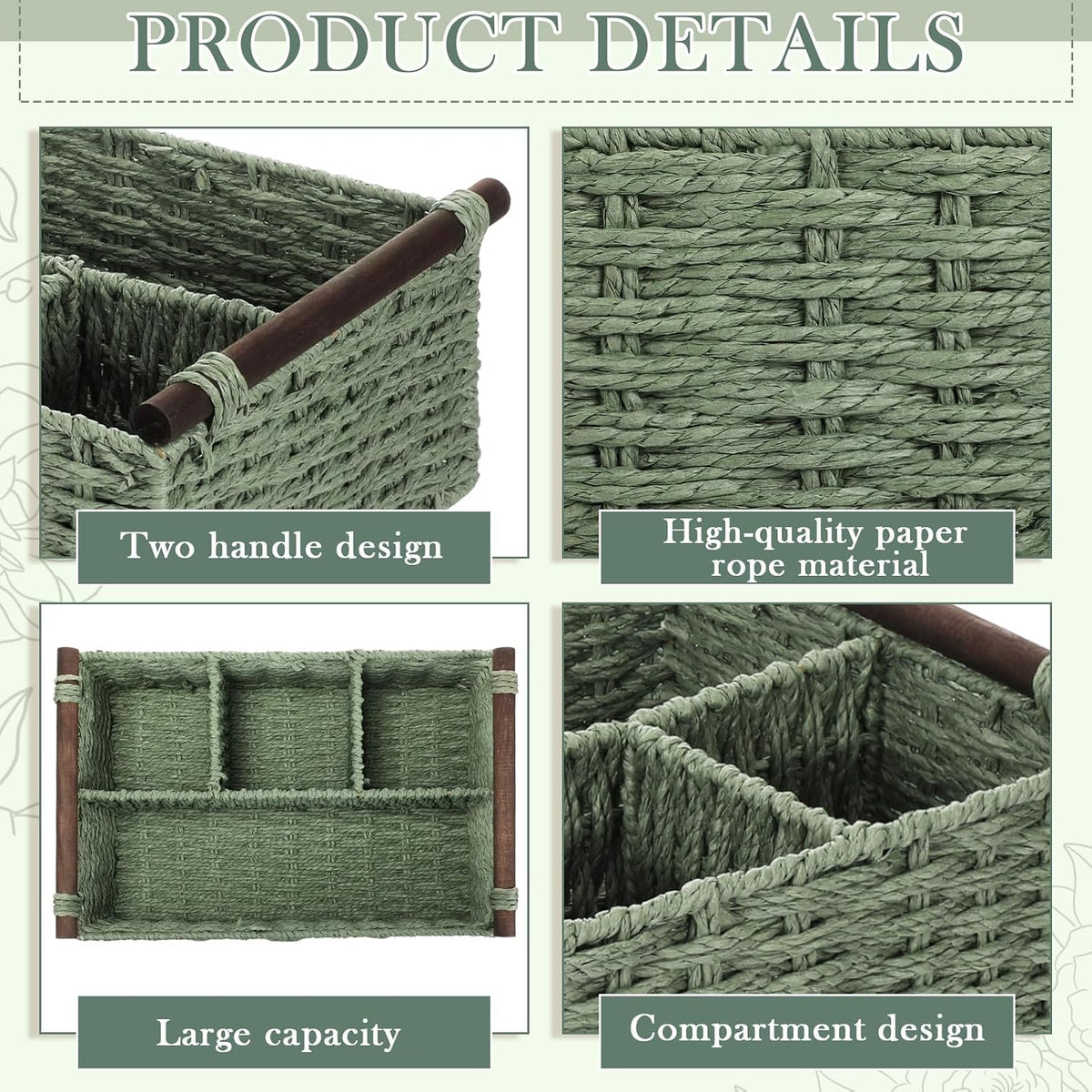 Remerry Sage Green Bathroom Countertop Organizer Caddy, Wicker-Like Divided B...