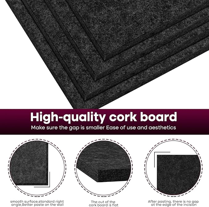Bouiexye Felt Cork Board Tiles 6 Pack Black Bulletin Boards 12"x12" - Image 3