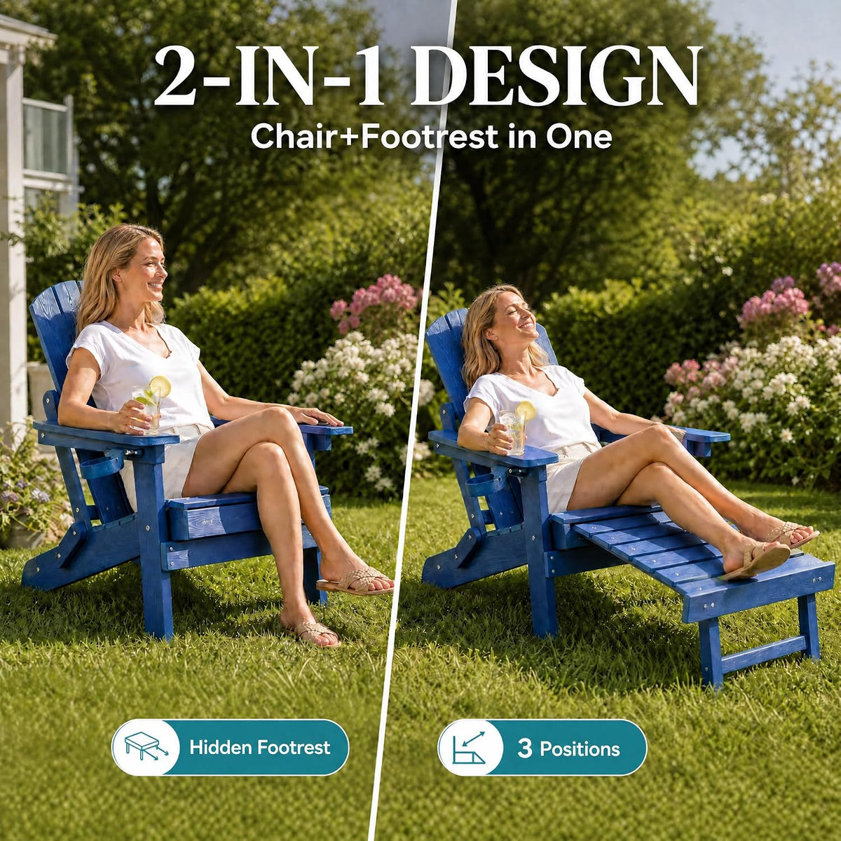 Folding Adjustable Adirondack Chair with Footrest, All-Weather HDPE Plastic C...