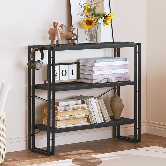 HCHQHS Bookshelf, 3-Tier Industrial Bookcase, Freestanding Horizontal - Image 2