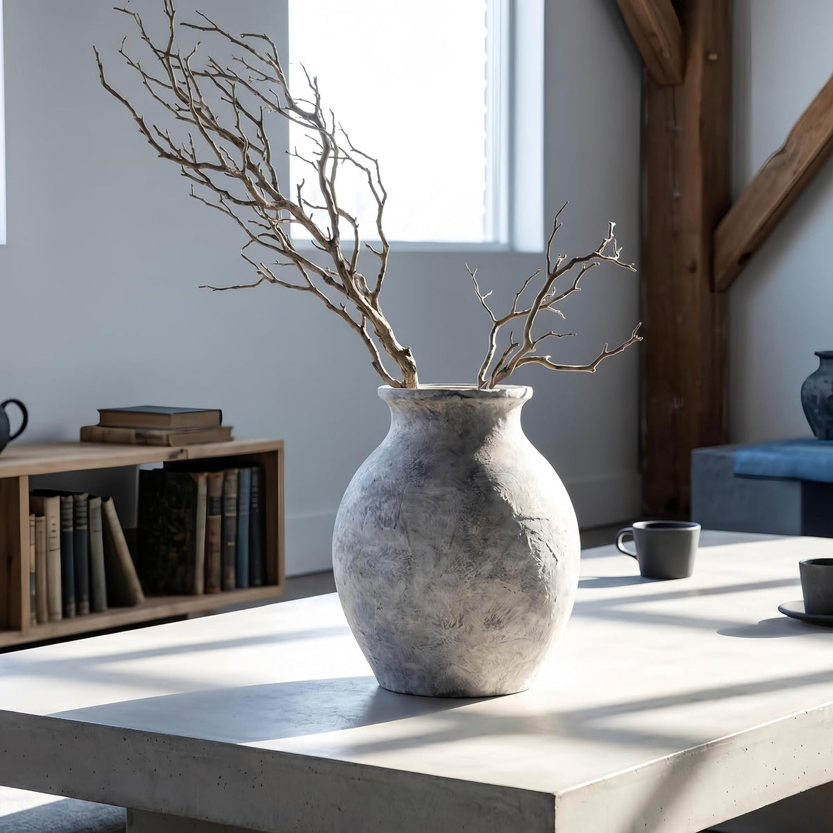 Lvases 10in XL White Ceramic Vase, Aged Stone Cement Mediterranean Vase