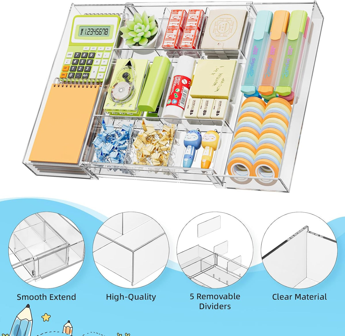 Marbrasse Expandable Desk Drawer Organizer, Clear Plastic Drawer Organizer Tr...