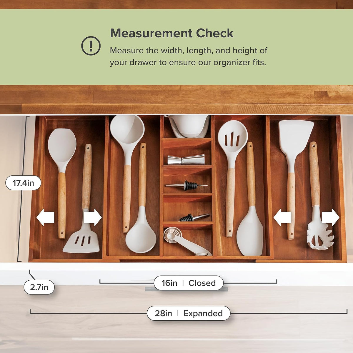 KitchenEdge Utensil & Junk Drawer Organizer, 16-28 in, Acacia