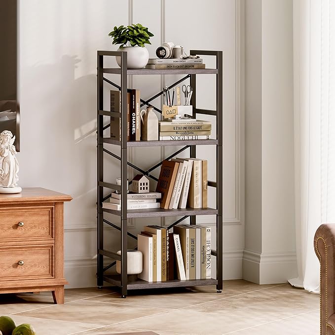 Homeiju Grey Bookshelf, 4 Tier Small Bookcase - Image 2