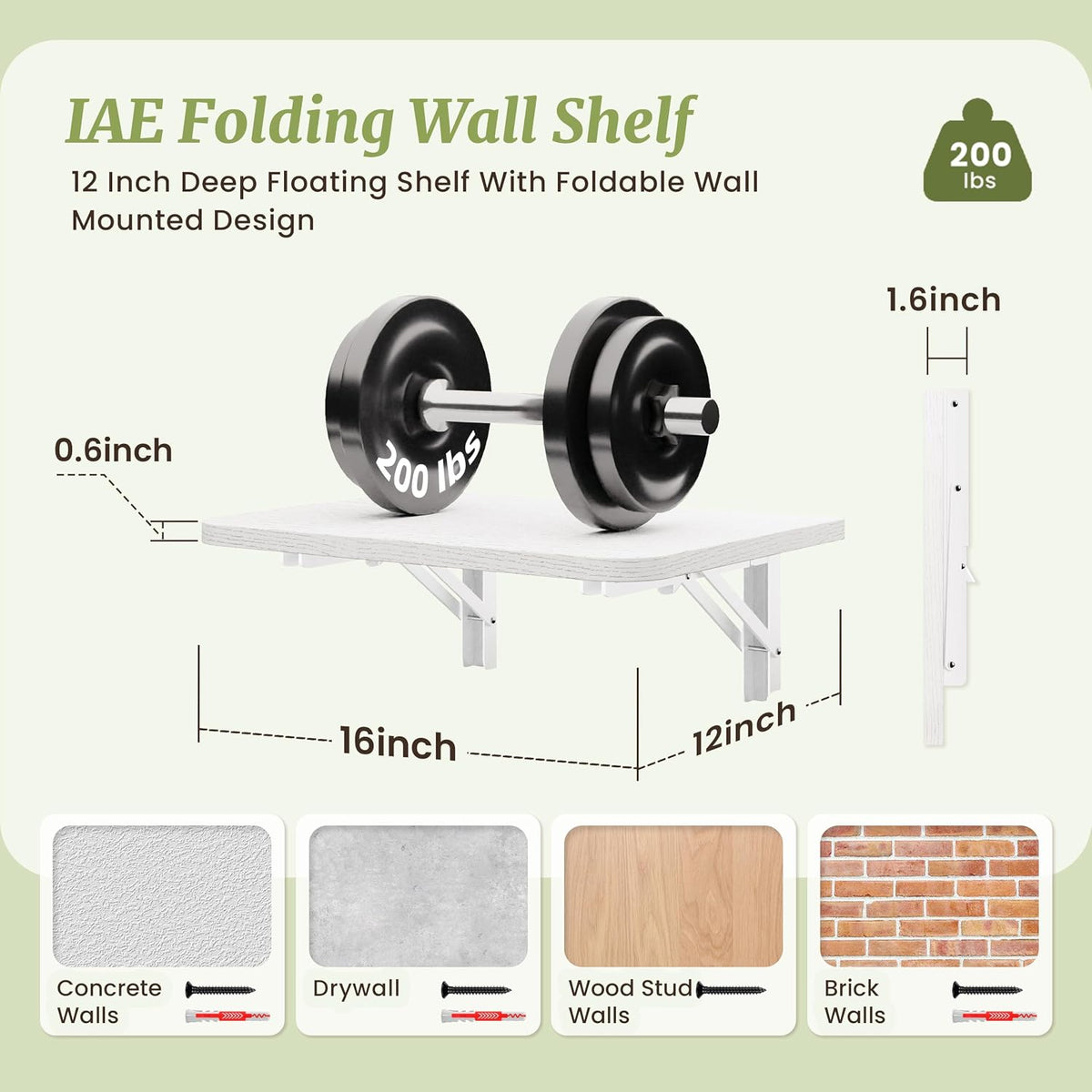 IAE 16 Inch Fold White Floating Wall Shelves, 12 Inch Deep Wood Wall Shelf