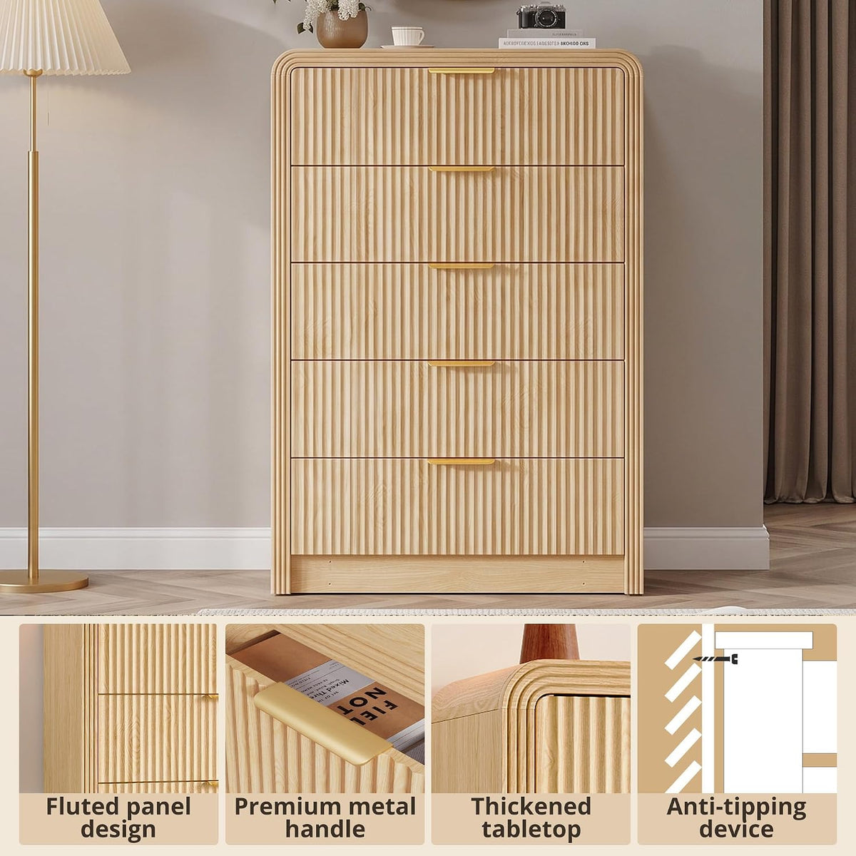 Decofy Fluted Wood Dresser 5 Drawers 48" Tall Curved Modern Chest Organizer