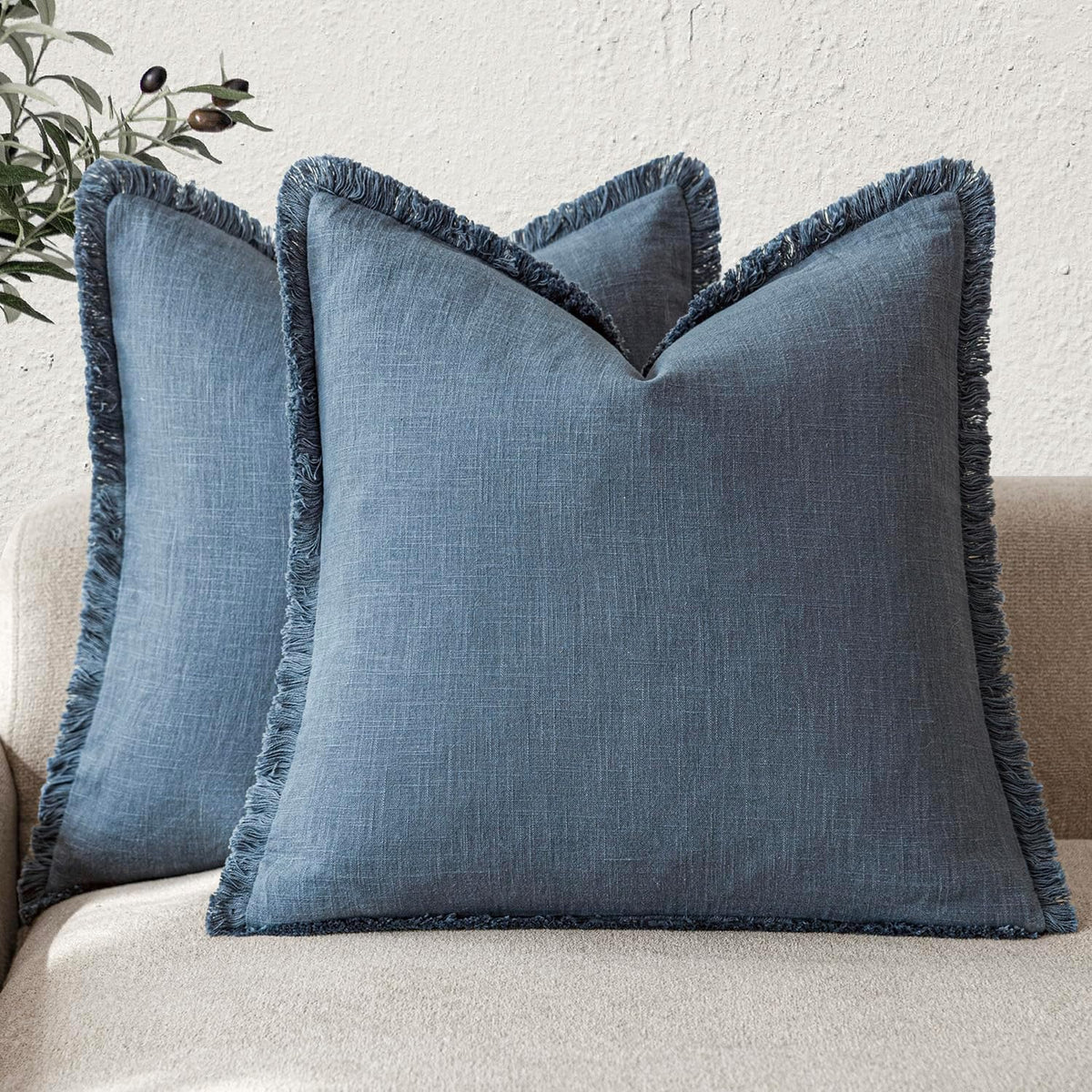 Foindtower Set of 2 Decorative Linen Fringe Throw Pillow Covers Cozy Farmhouse