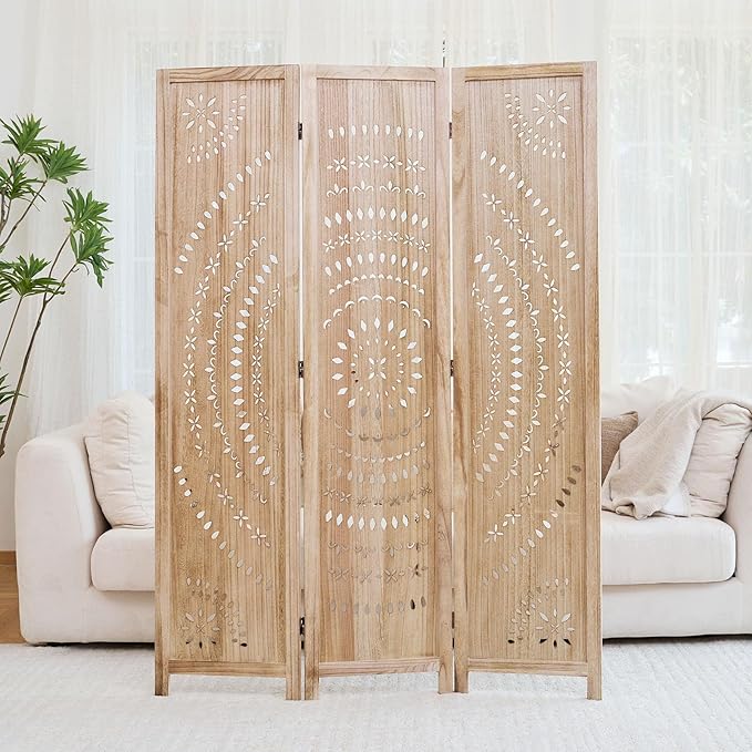 66.9Inch Folding Room Divider, 3 Panels Wood Carved Privacy Screens, Free - Image 8