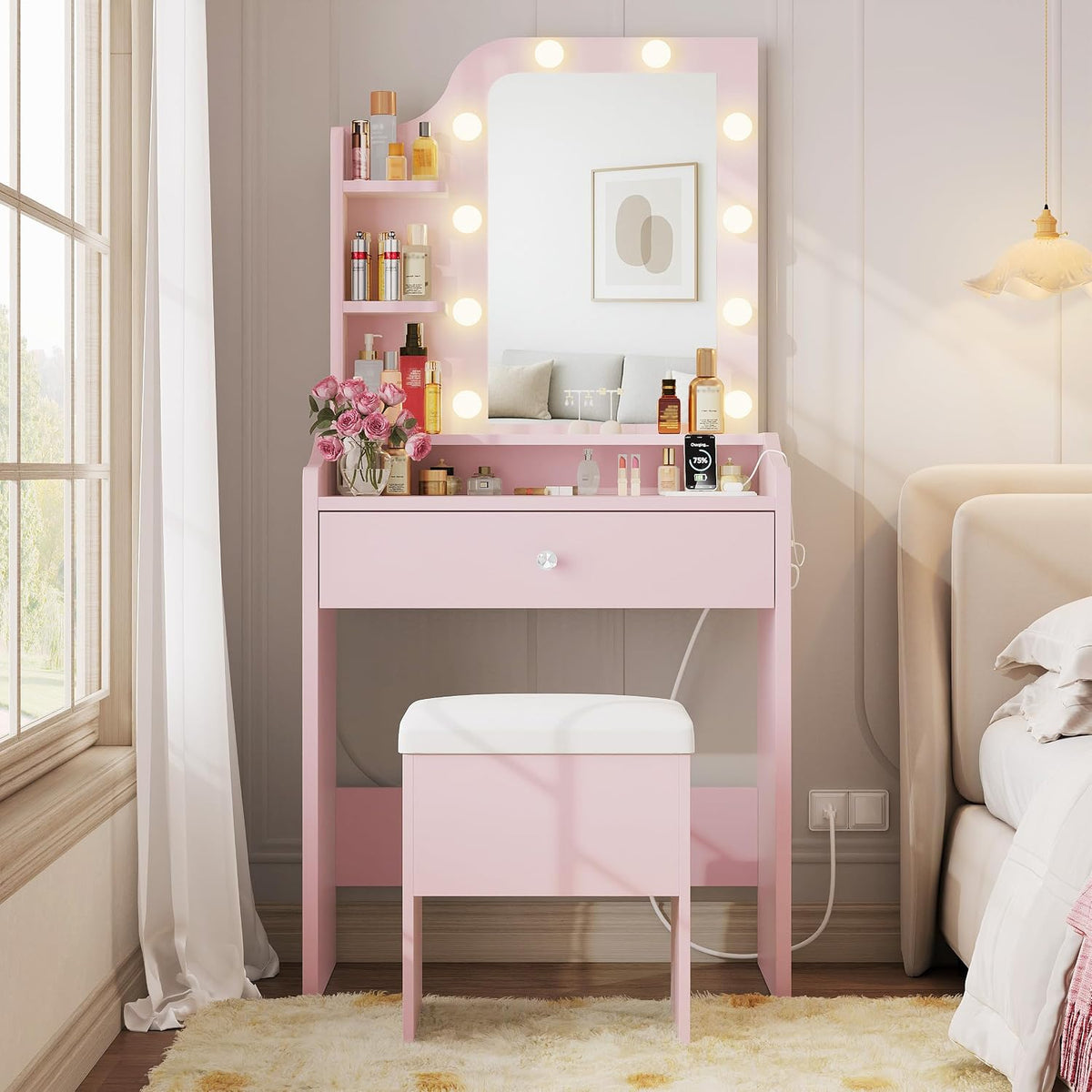 LIKIMIO Small Vanity Desk with Mirror Lights and Storage Stool, Pink