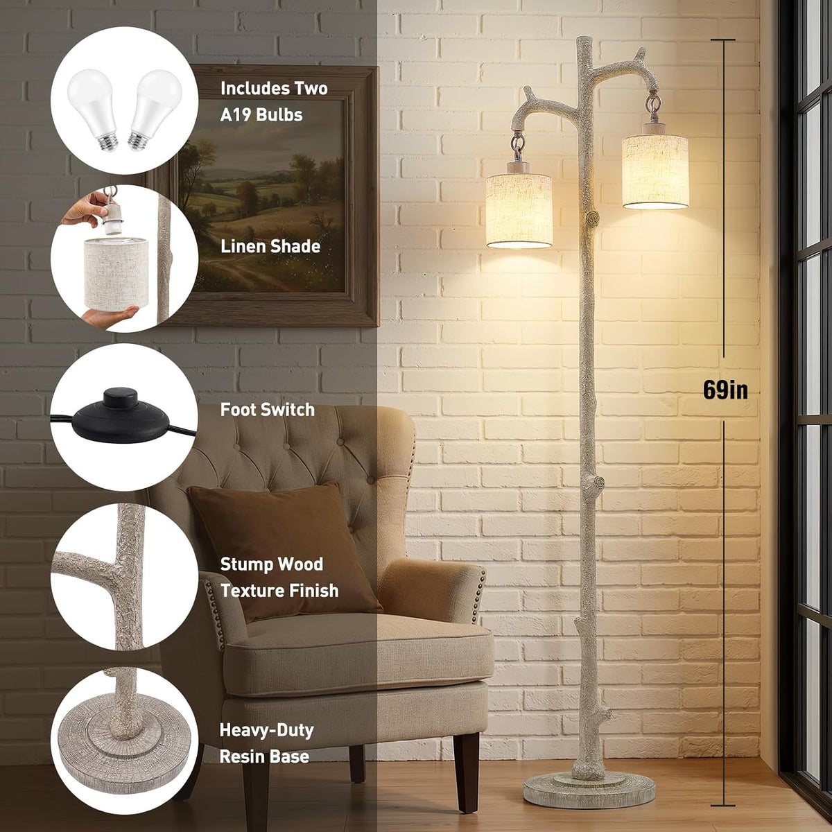 EJIAXIN Floor Lamp for Living Room - 69" Rustic Tree Trunk Standing Lamp...