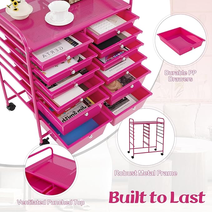 LDAILY 12 Drawer Rolling Storage Cart, Craft Cart Organizer on Wheels w/Metal - Image 5
