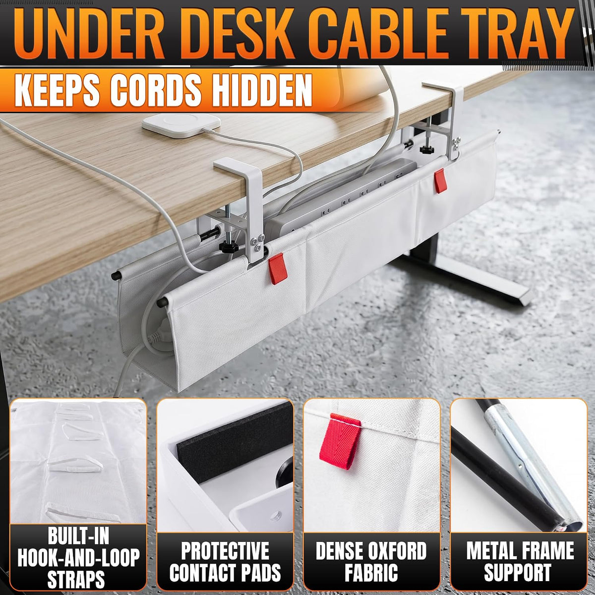 Under Desk Cable Management Tray 28" — No Drill Clamp-On Cord Organizer ...