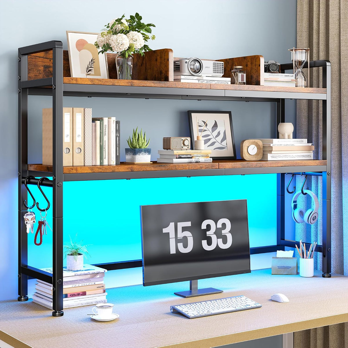 REIBII 2-Tier Desk Shelf, LED, Bedroom and Home Office, Rustic Brown