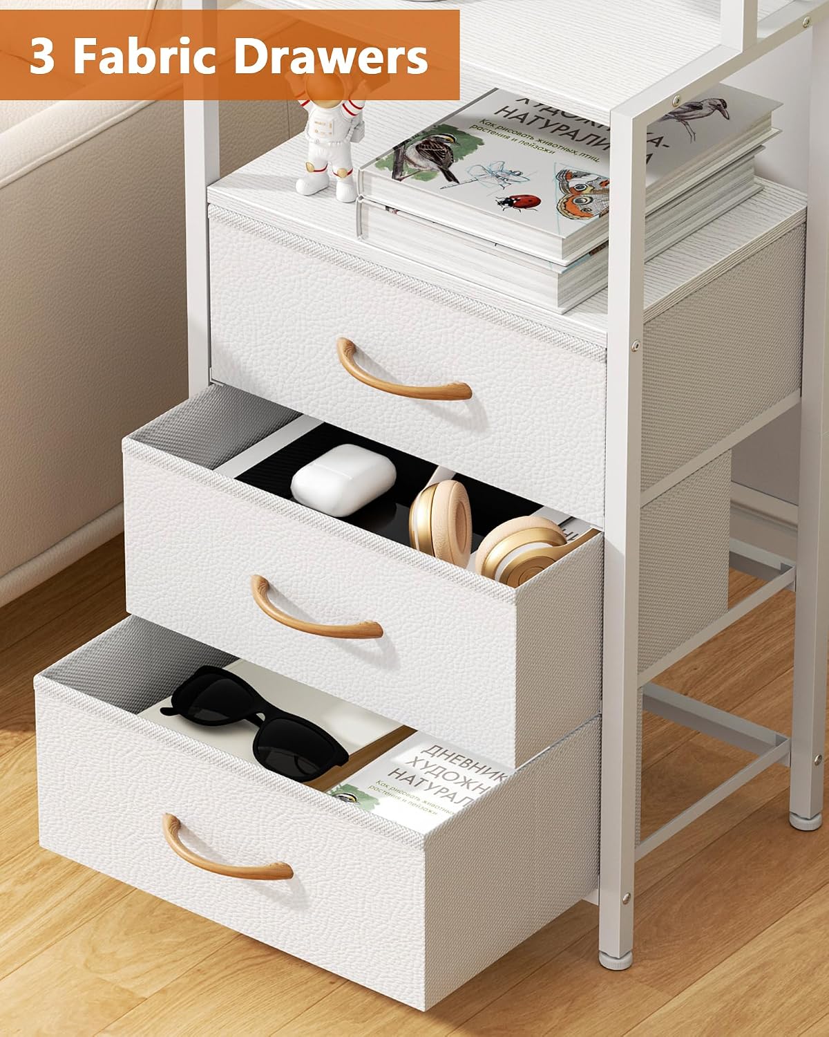 Furnulem Tall Night Stand, White Bedside Nightstand with Charger Station
