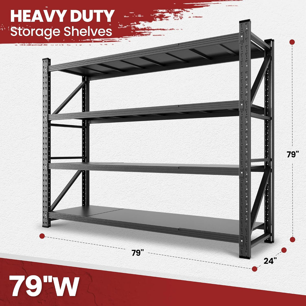 79" wide metal garage shelves, 7000lbs storage shelving shown in use