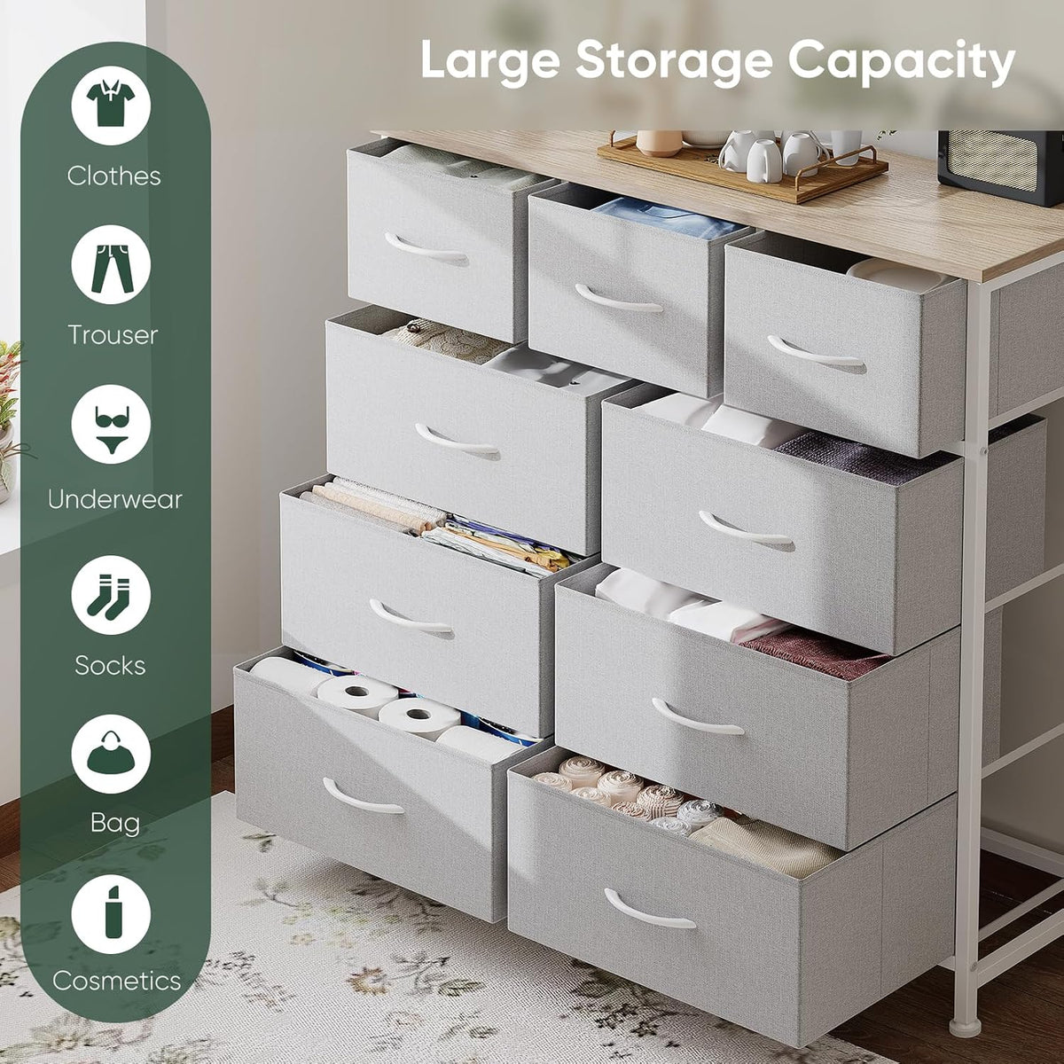 Fabric Dresser for Bedroom with 9 Drawers, Storage Tower