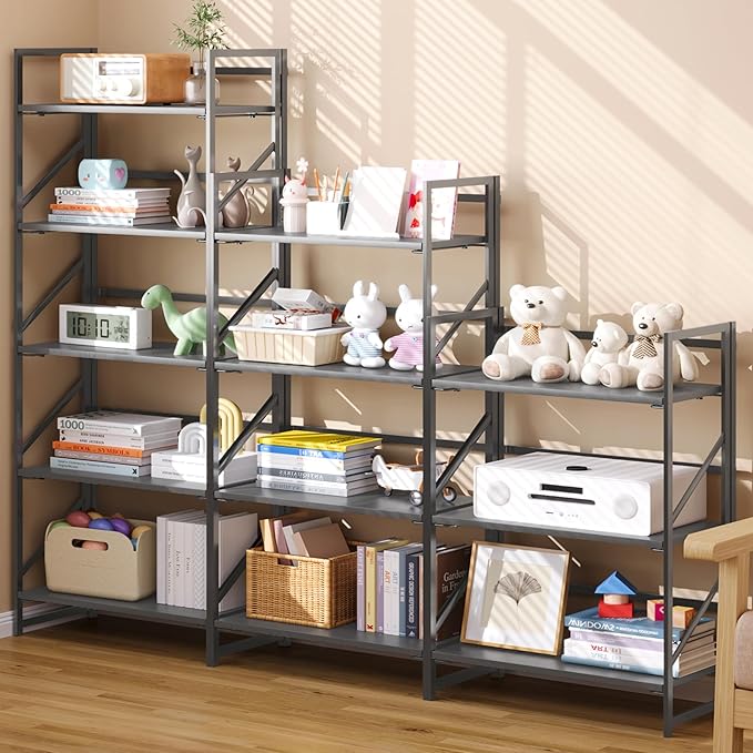 JSB No Assembly Folding Bookshelf, 4 Tier Industrial Metal Book Shelf - Image 5