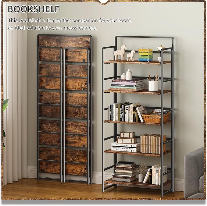 4NM No Assembly 5 Tiers Folding Bookshelf Storage Shelves Vintage Bookcase - Image 3
