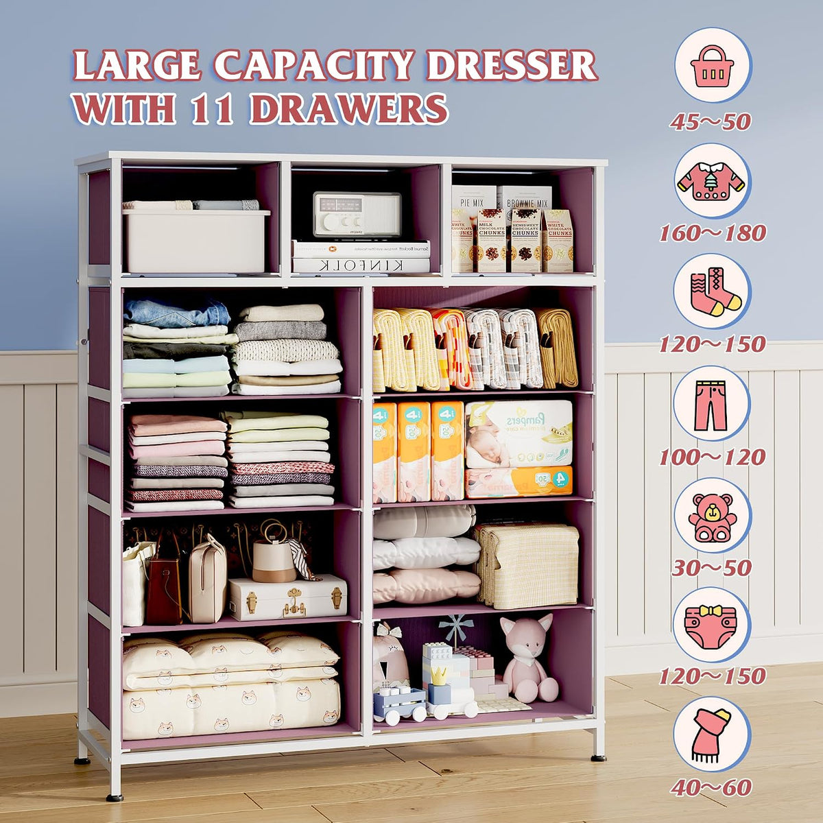 wlive 11 drawer dresser for bedroom, tall chest showing dimensions