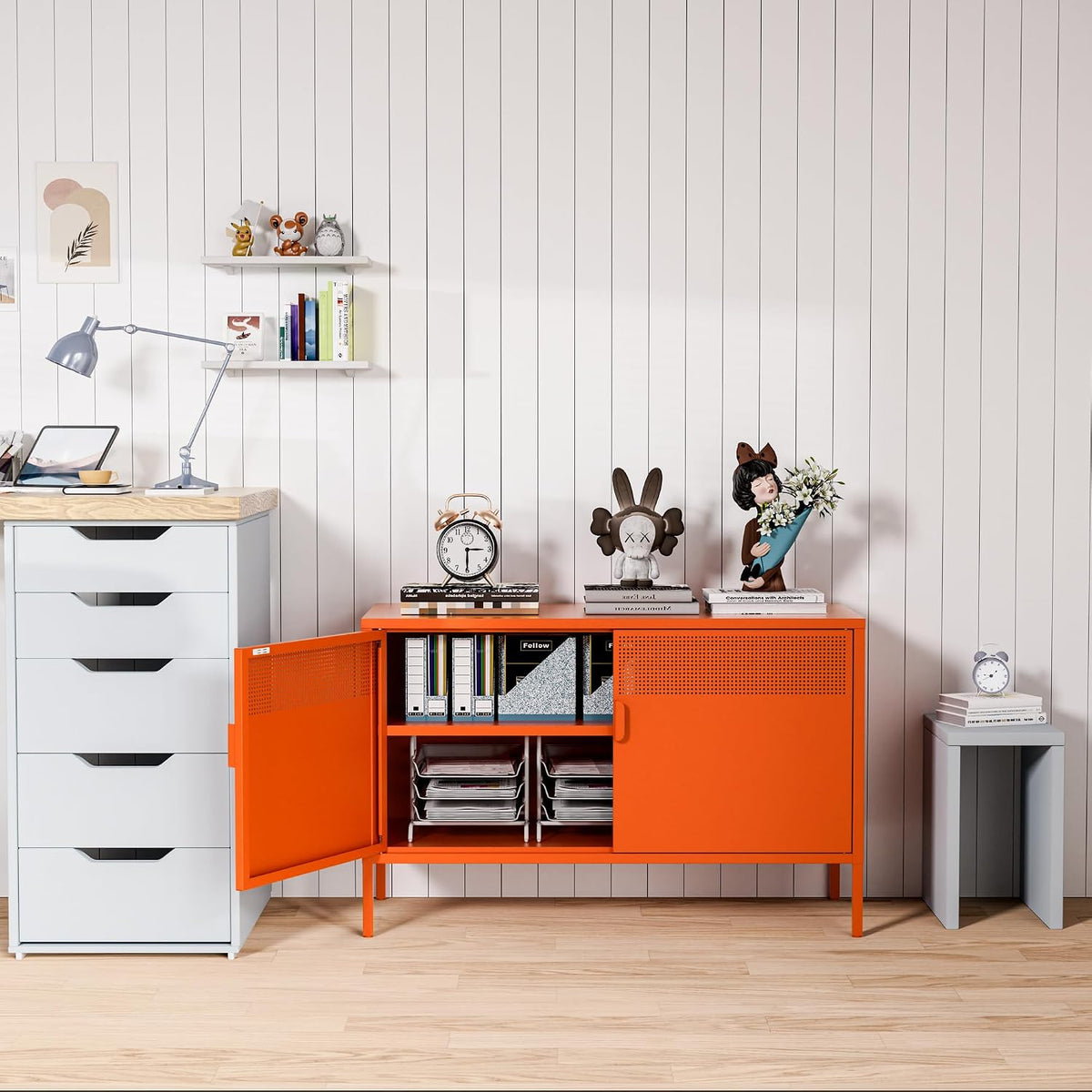 washsemba 2 door accent cabinet,orange metal storage cabinet, side view
