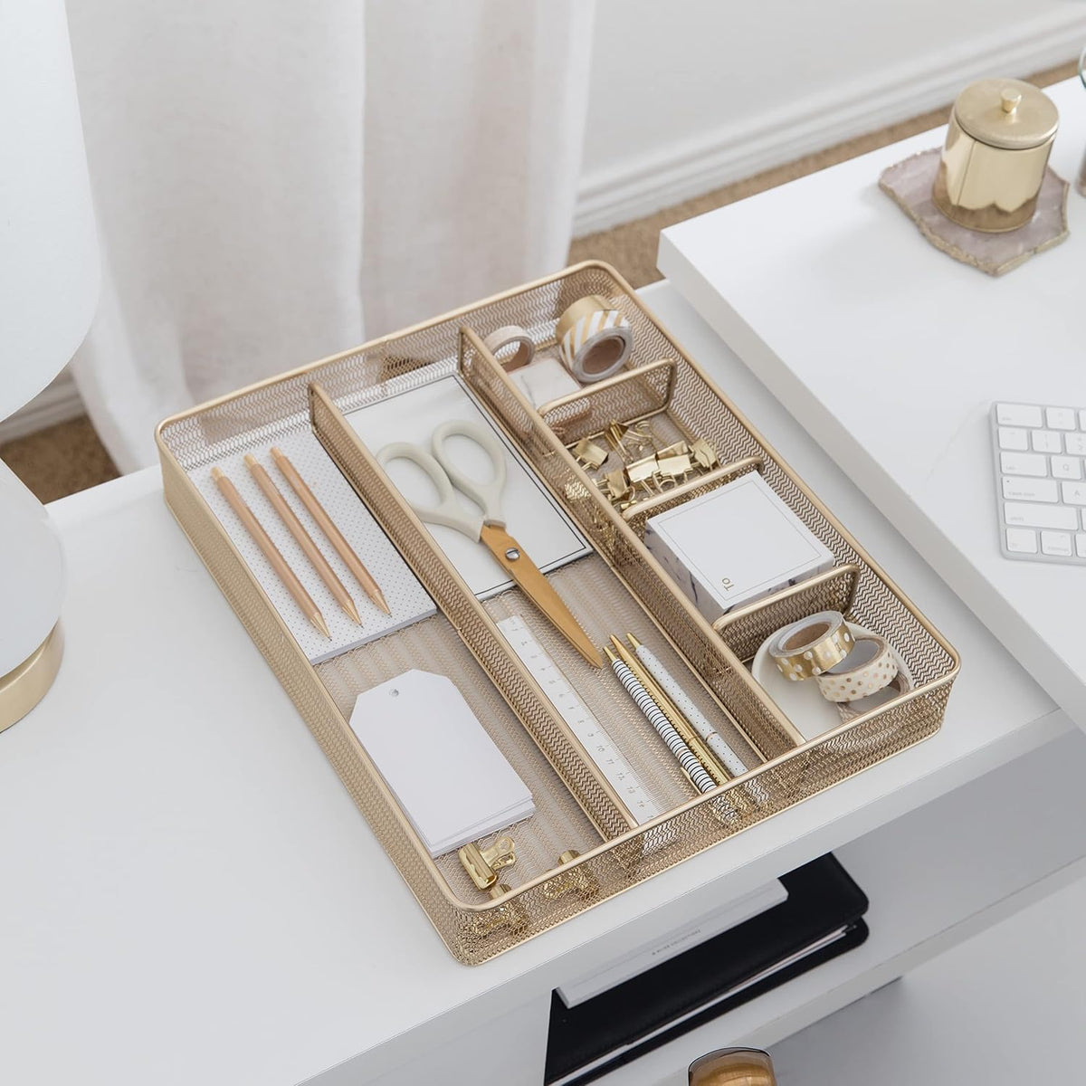 BLU MONACO | Gold Desk Drawer Organizer Tray with 6 Compartments | Metal Mesh...