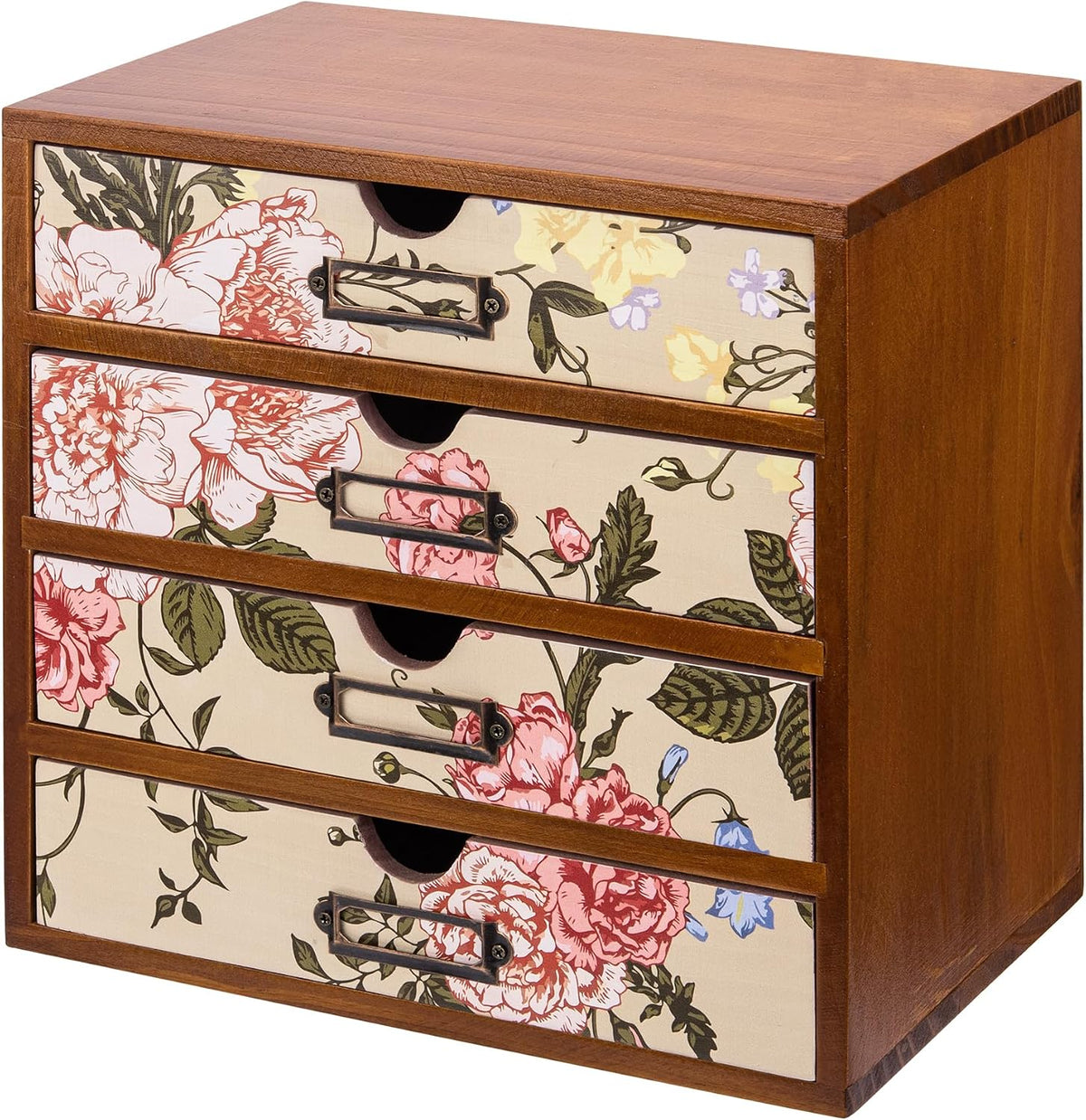 4-Drawer Vintage Desk Organizer with Jacobean Pattern Pastel Flowers Curio Dr...
