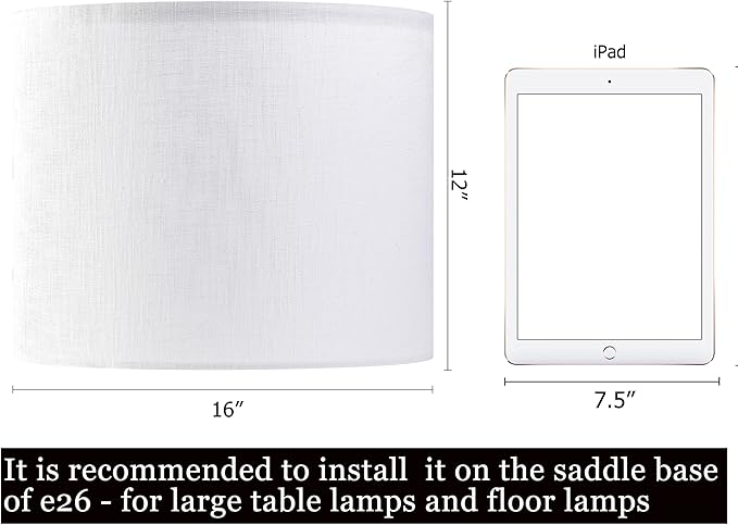 White Linen Lampshades Set of 2 Large, Drum Lamp Shade 16" Top x 16" Bottom x - Image 2