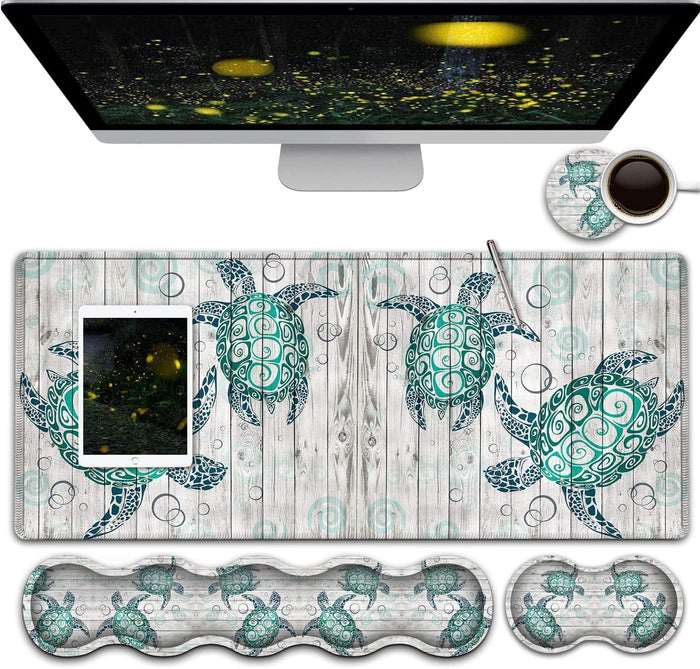 Gaming Mouse Pad and Keyboard Wrist Rest, Large Extended Mouse Pad 31.5X 11.8,Ergonomic Memory Foam Wrist Rest Support+Desk Mat Protector,for Office/Home Writing Pad,Cute Sea Turtle White Mousepad