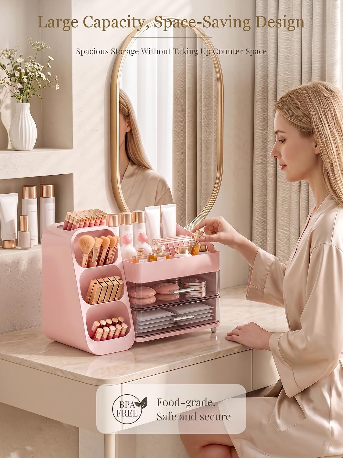 Booklov Large Makeup Organizer for Vanity Countertop, Pink