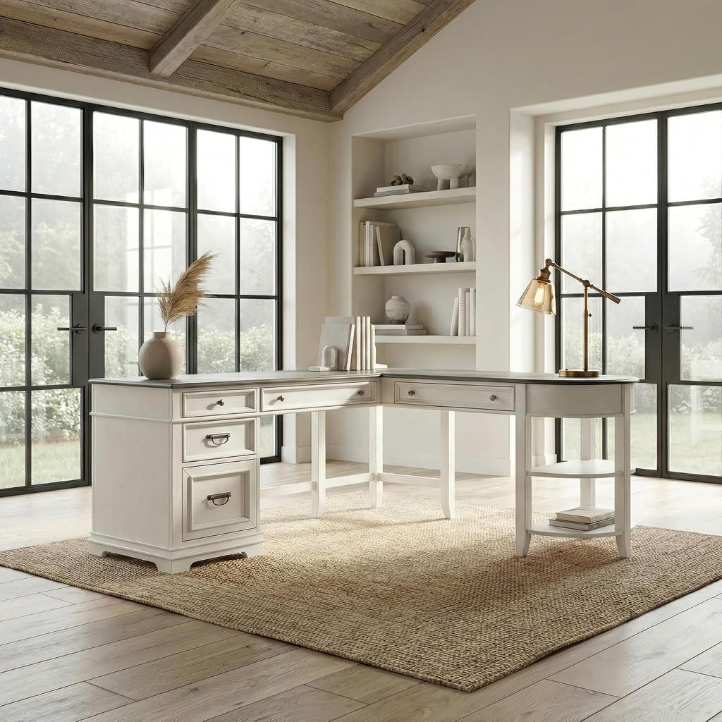 Liberty Furniture Allyson Park Opt L Shaped Desk Set with Locking File Drawer Cottage Home Office Storage - Wirebrushed White, Charcoal Tops Oak Wood