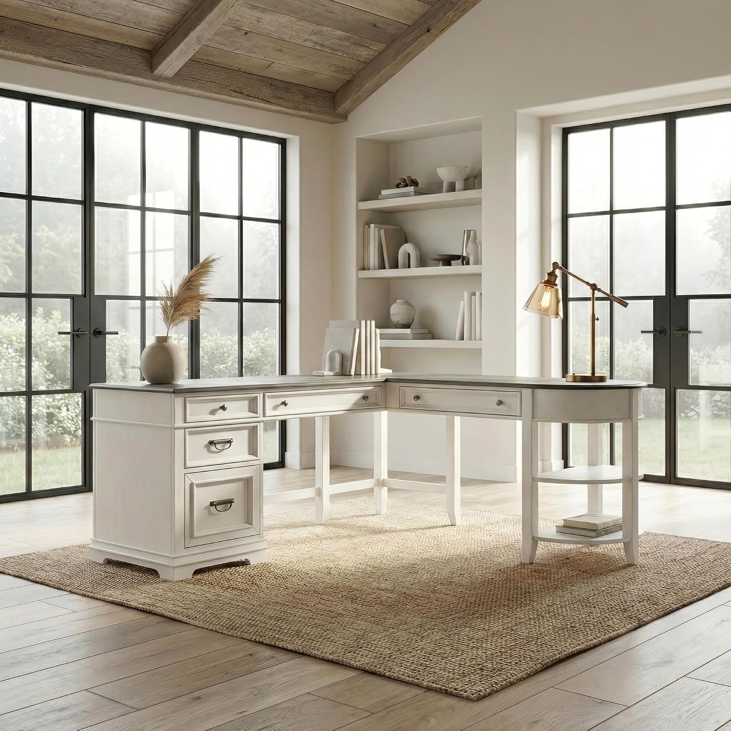 Liberty Furniture Allyson Park Opt L Shaped Desk Set with Locking File Drawer Cottage Home Office Storage - Wirebrushed White, Charcoal Tops Oak Wood
