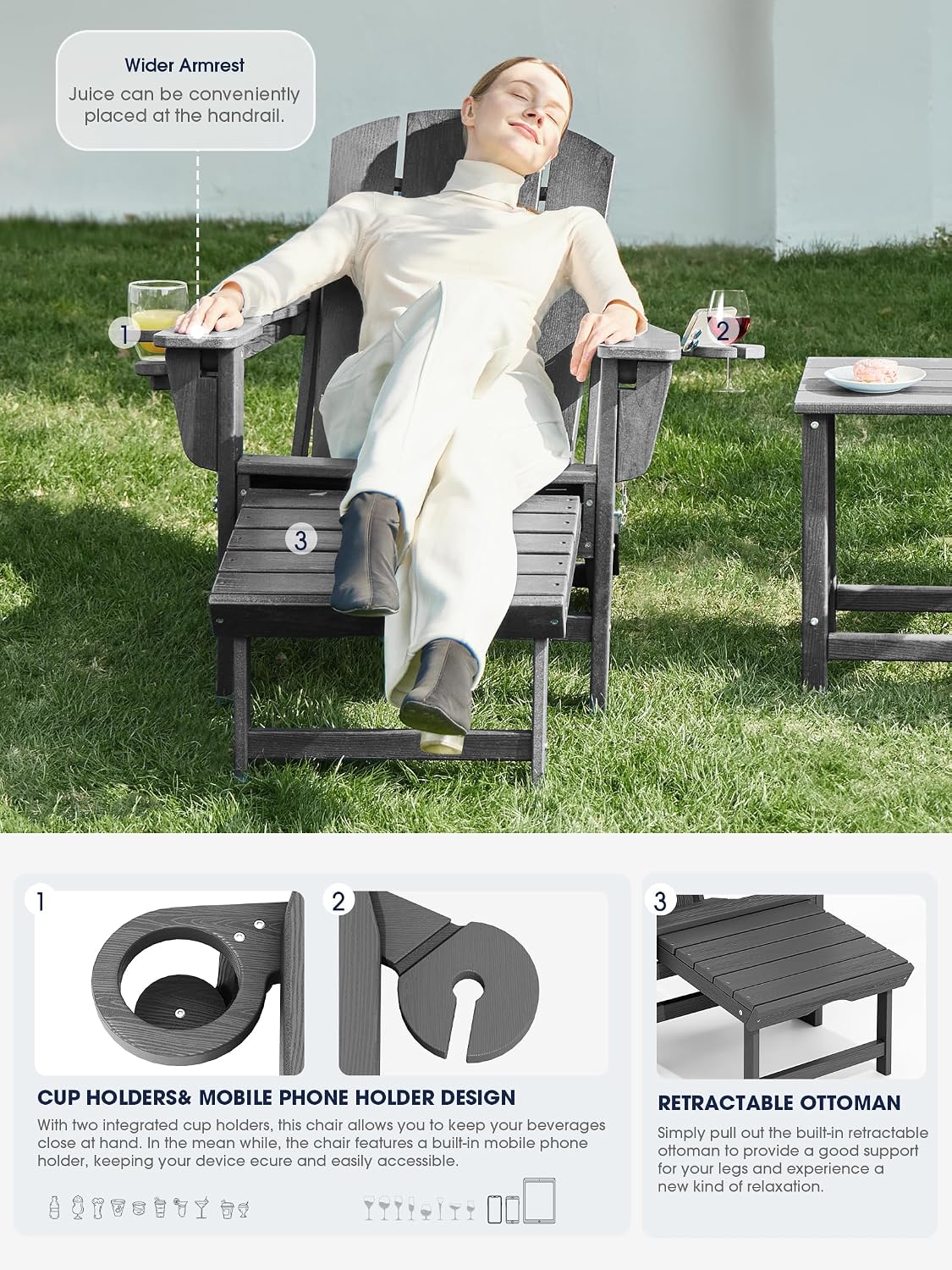 KINGYES Adjustable Folding Adirondack Chairs with Footrest & 2 Cup, HDPE ...