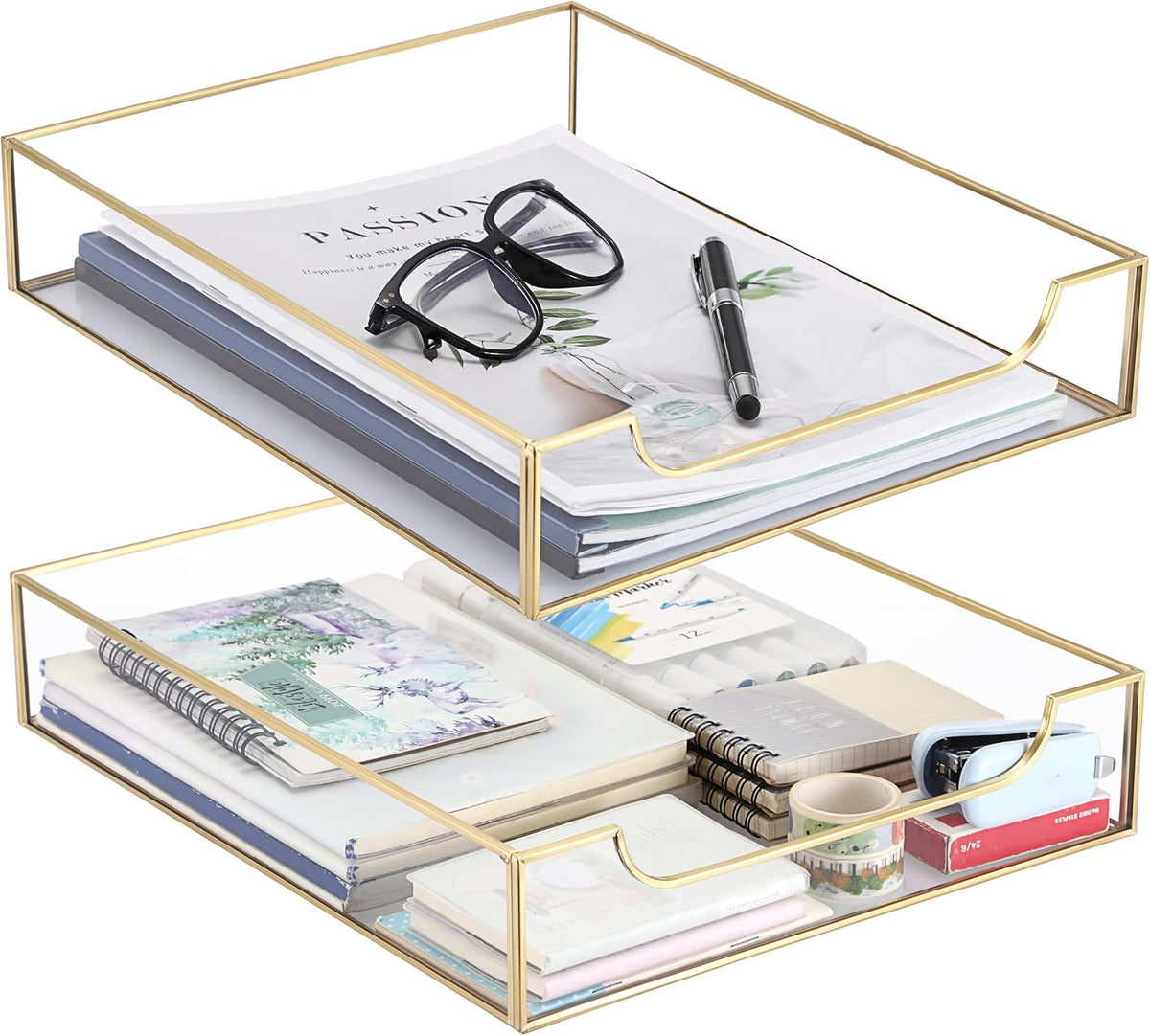 BTSKY 2 Pack Golden Glass Desk Tray, Multi-Purpose Organizer for A4 Paper, Do...