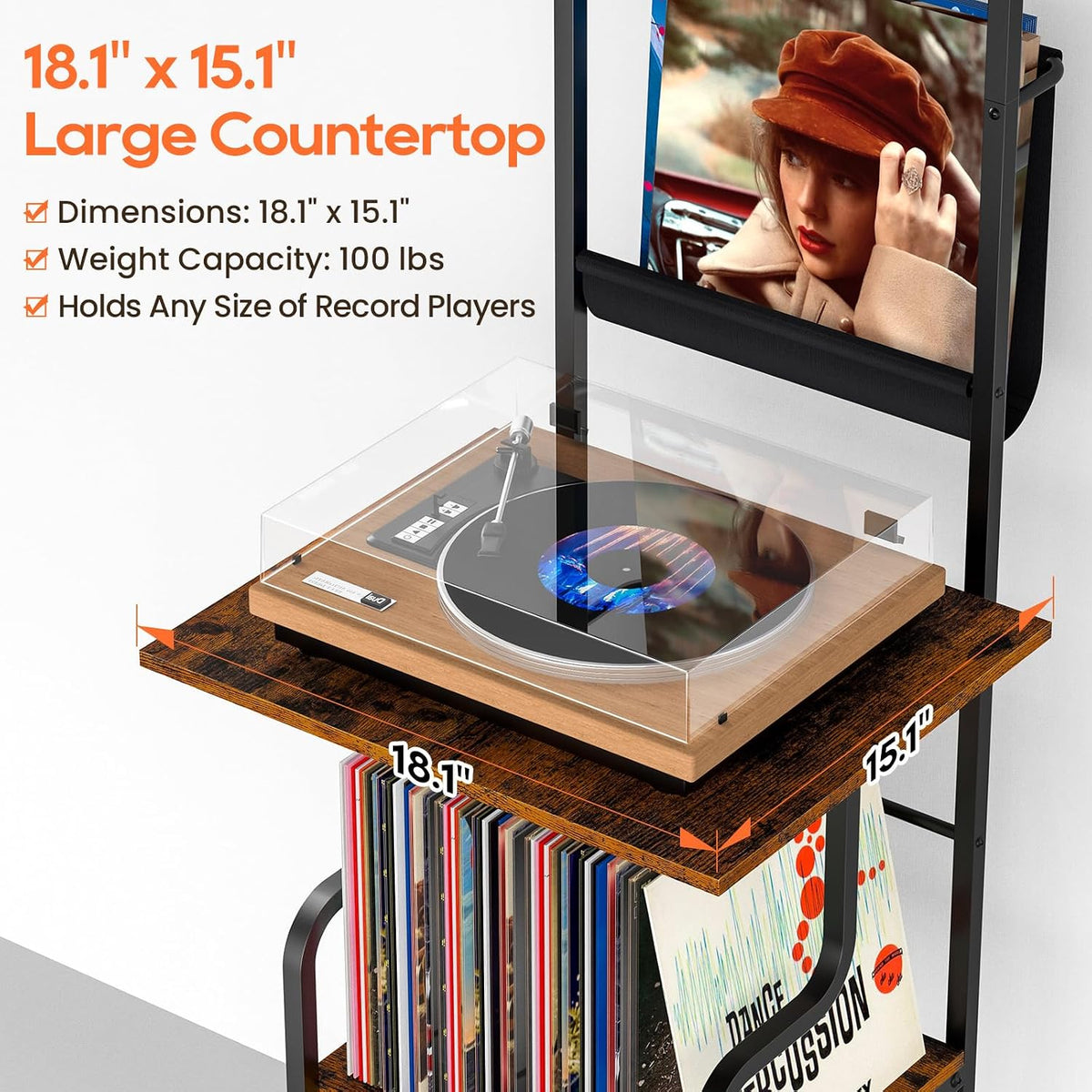 TJ.MOREE Record Player Stand with Vinyl Storage, Tall Record Player Table wit...