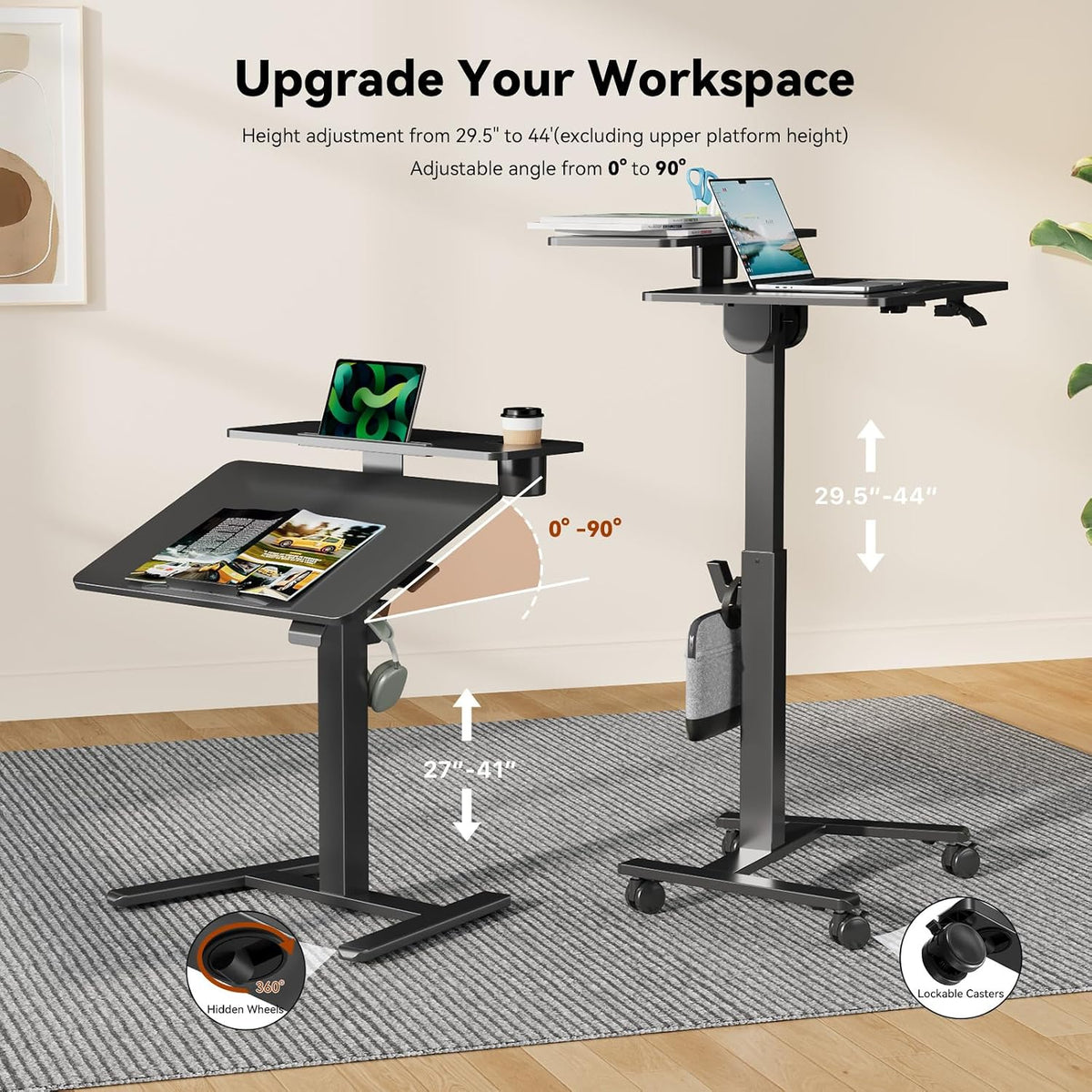 28" Mobile Standing Desk, Tiltable Top with 2-Tier Shelves, Black