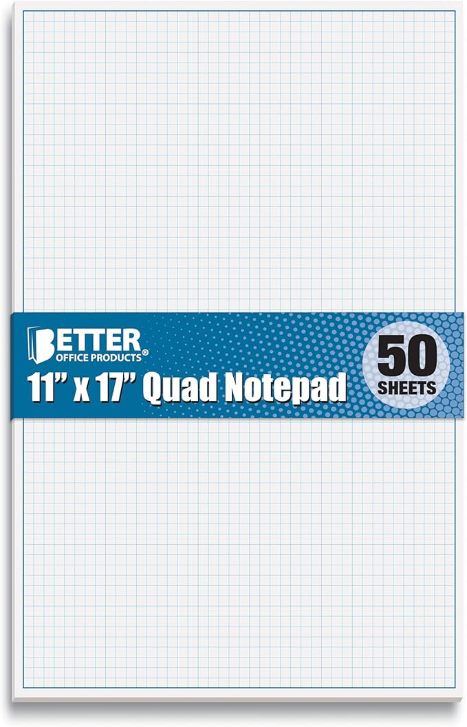 Graph Paper Pad, 50 Sheets, Double Sided, 4x4 Blue Quad Rule, Easy Tear Sheets by BetterOfficeProducts