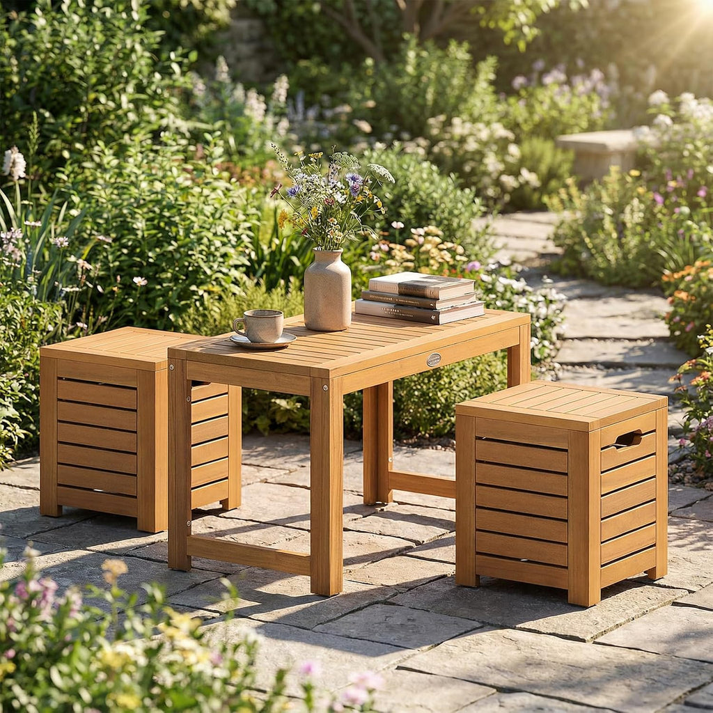 tangkula acacia wood outdoor coffee table with stools shown in use