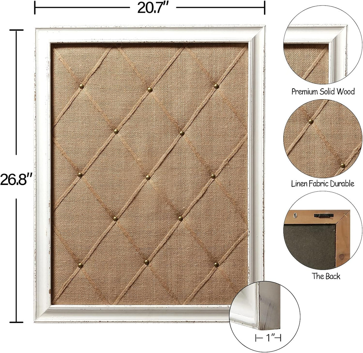 SOFE Antique White Linen Fabric Pin Board, 21"×27" Message Board Wa...