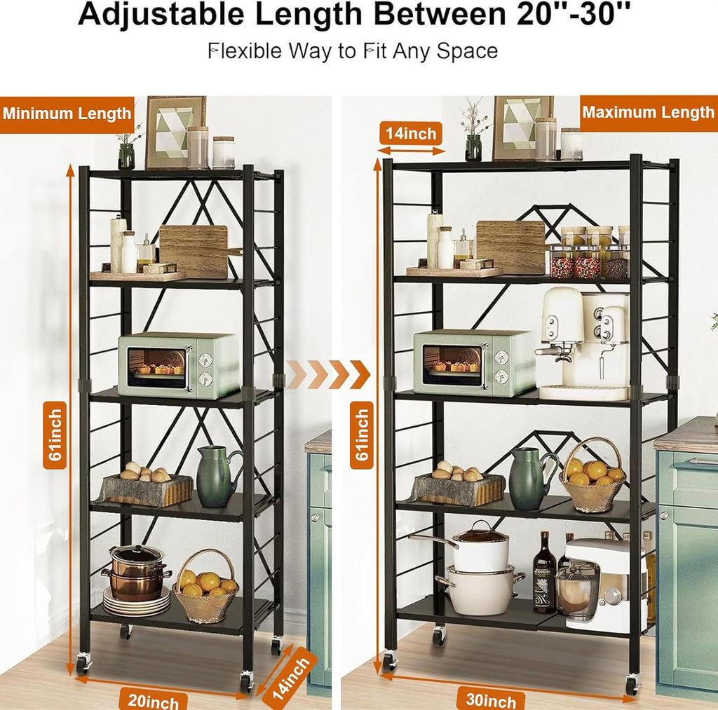 himix 5-tier foldable expandable storage shelves wheels kitchen shown in use